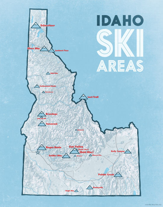 Idaho Ski Resorts Map Print - white & light blue