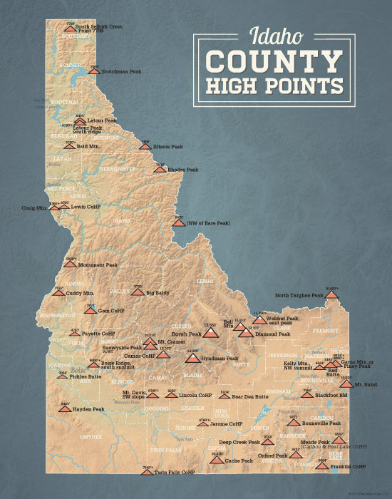 Idaho County High Points map print - camel & slate blue