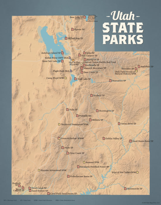 Utah State Parks map print - camel & slate blue