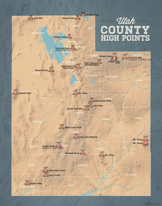Utah County High Points map print - camel & slate blue
