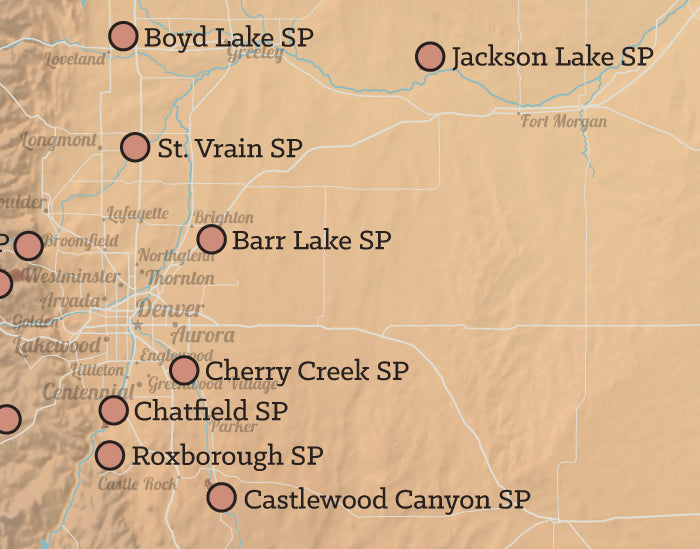 Colorado State Parks map print - camel & slate blue