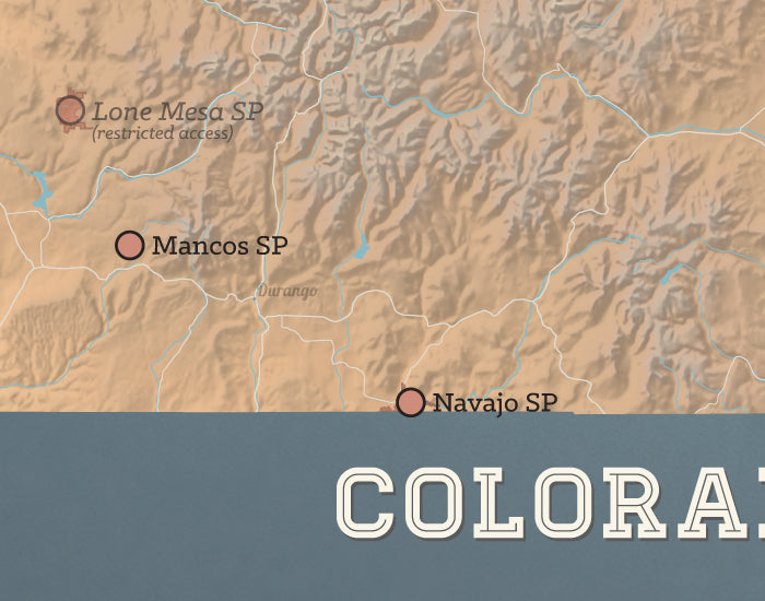 Colorado State Parks map print - camel & slate blue