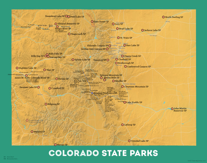 Colorado State Parks map print - yellow-orange & teal