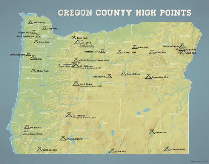 Oregon County Highpoints Map Print - natural earth