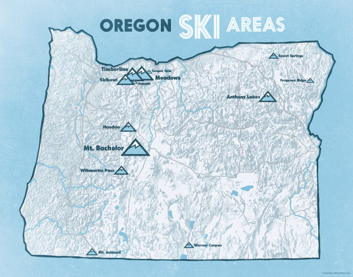 Oregon Ski Areas Map Print - white & light blue