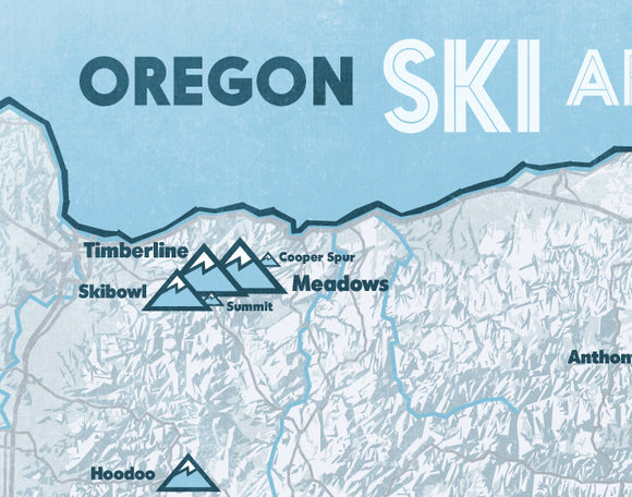 Oregon Ski Areas Map Print - white & light blue