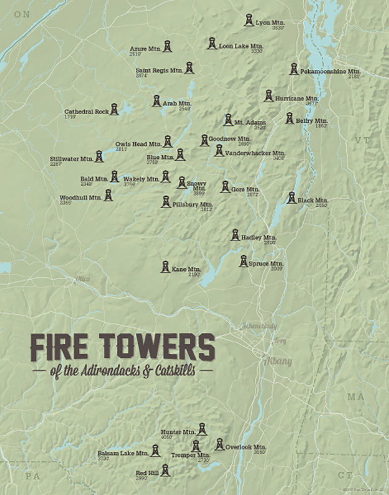 New York Adirondack Catskill ADK Fire Tower Challenge map print - sage