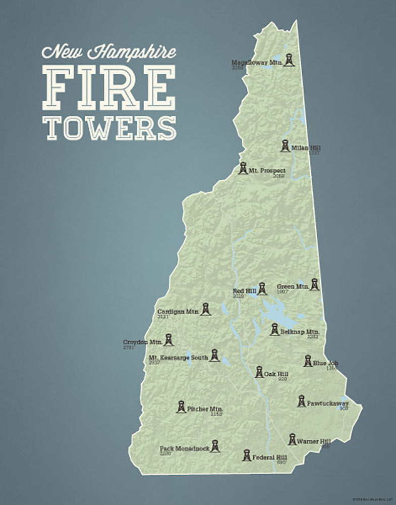 New Hampshire Fire Towers Lookouts map print - sage & slate blue