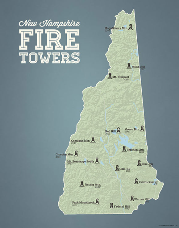 New Hampshire Fire Tower Quest Map 11x14 Print