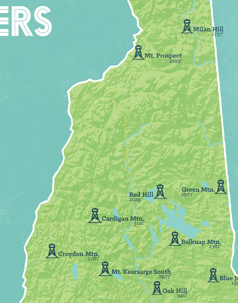 New Hampshire Fire Towers Lookouts map print - green & aqua