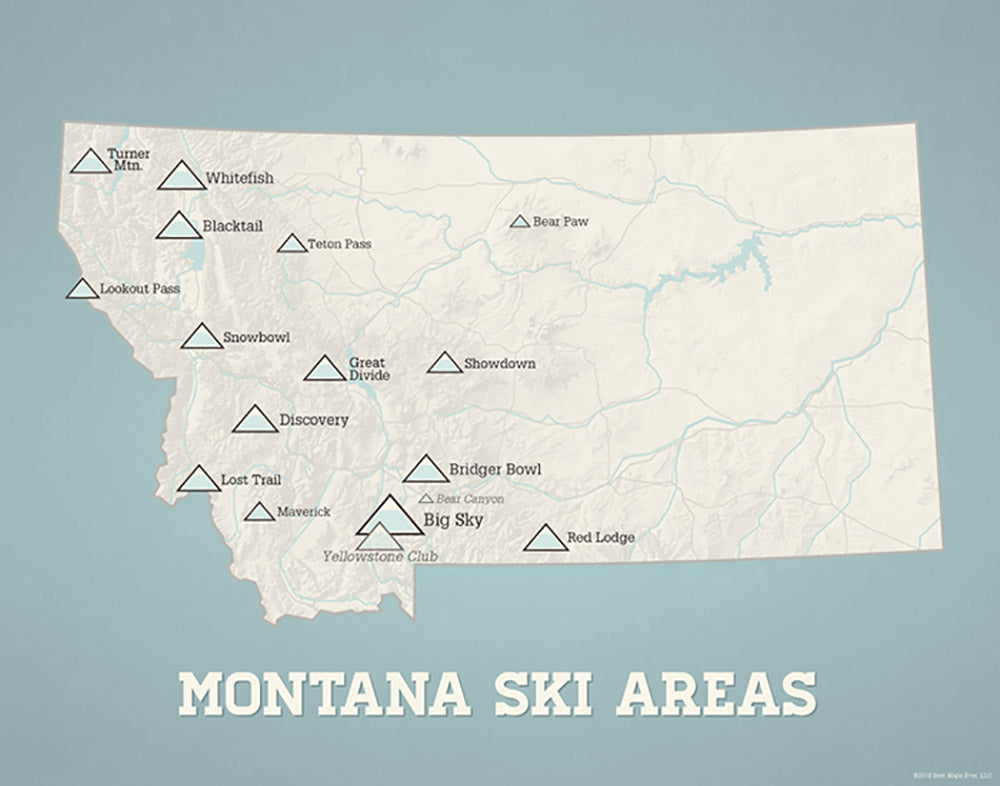 Montana Ski Areas Resorts map print - beige & opal blue