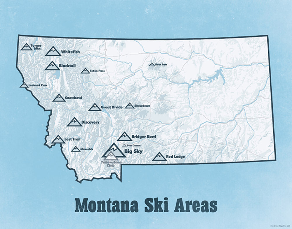 Montana Ski Areas Resorts map print - white & light blue