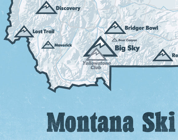 Montana Ski Areas Resorts map print - white & light blue