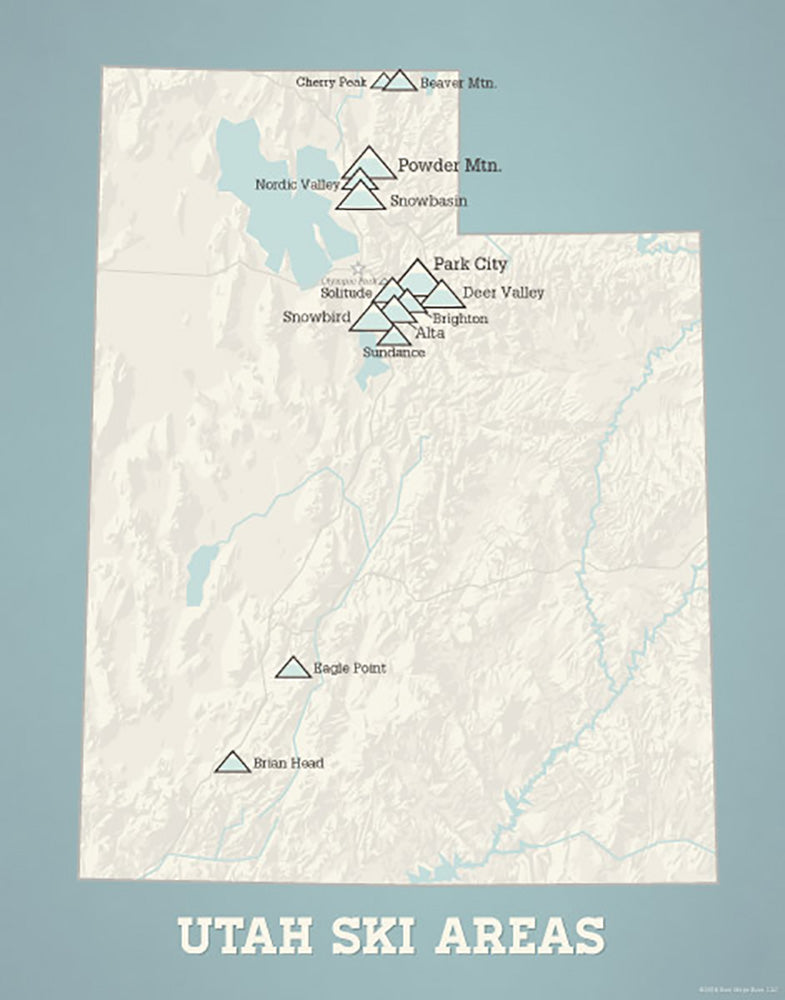 Utah Ski Areas Resorts map print - beige & opal blue