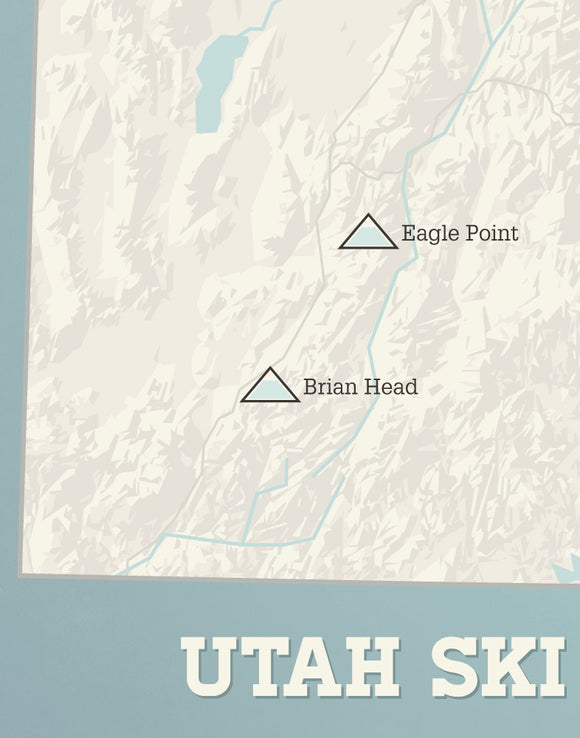 Utah Ski Areas Resorts map print - beige & opal blue