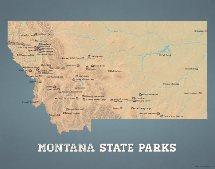 Montana State Parks Map Print - camel & slate blue