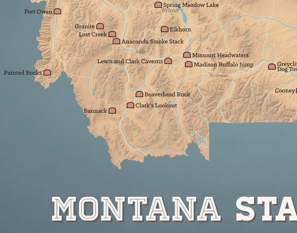 Montana State Parks Map Print - camel & slate blue