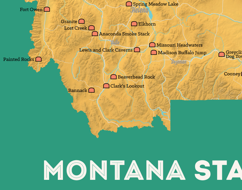 Montana State Parks Map Print - yellow-orange & teal