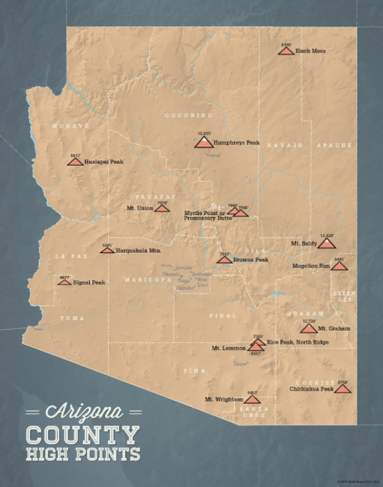 Arizona County High Points map print - camel & slate blue