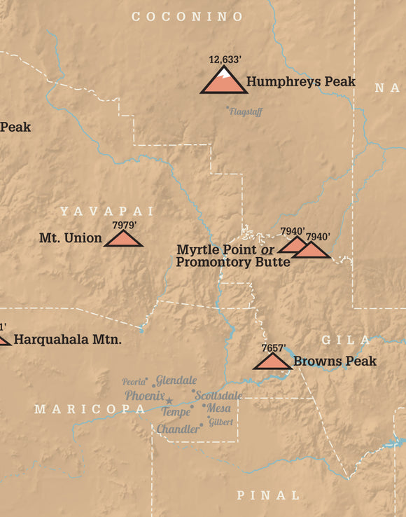 Arizona County High Points map print - camel & slate blue