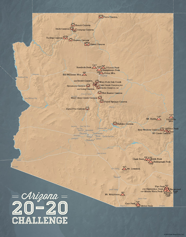 Arizona 20-20 Challenge map print - camel & slate blue