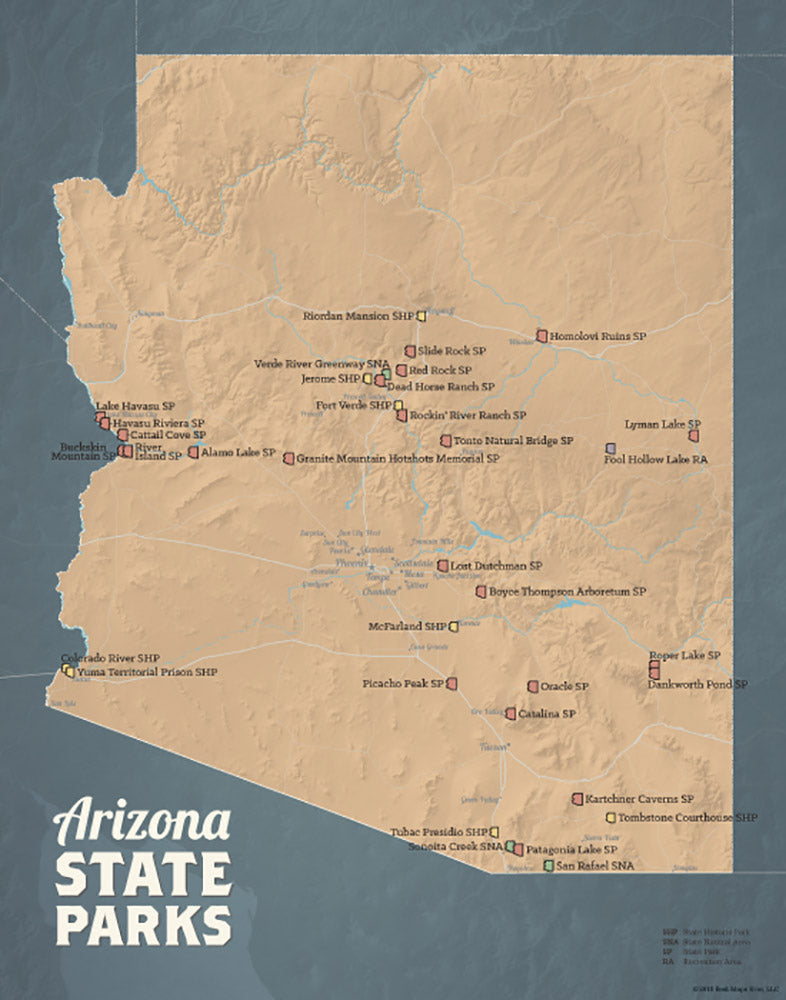 Arizona State Parks map print - camel & slate blue