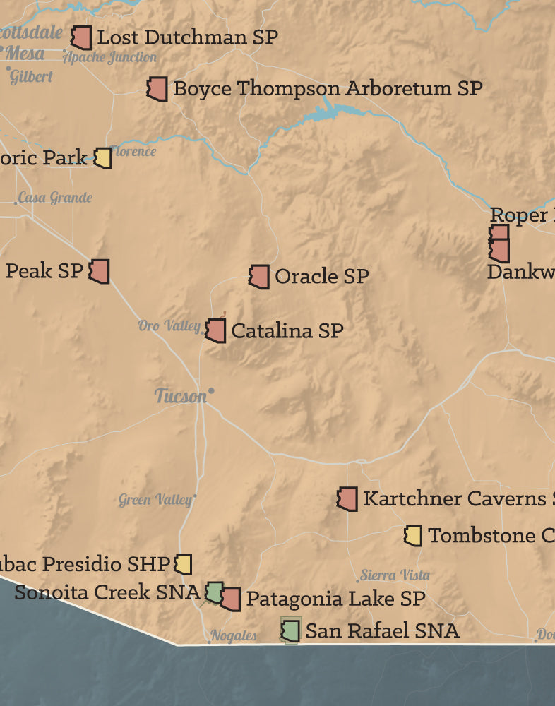 Arizona State Parks map print - camel & slate blue