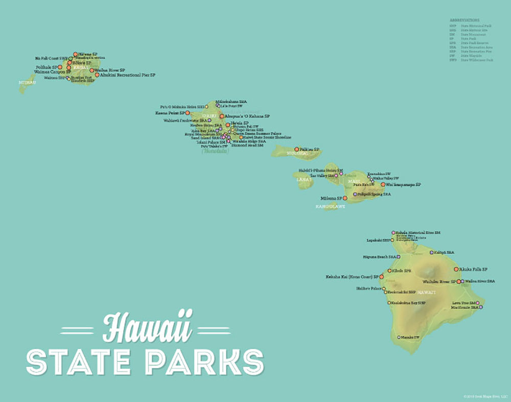 Hawaii State Parks Map Print - green & aqua