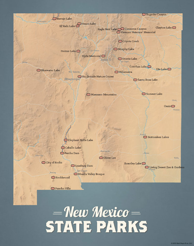 New Mexico State Parks Map 11x14 Print - camel & slate blue