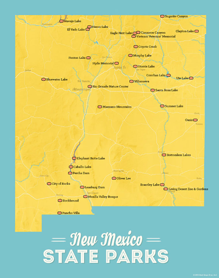 New Mexico State Parks Map 11x14 Print - marigold & turquoise
