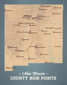 New Mexico County High Points Map 11x14 Print - camel & slate blue