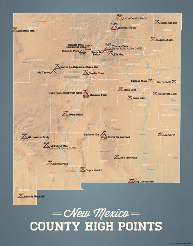 New Mexico County High Points Map 11x14 Print - camel & slate blue