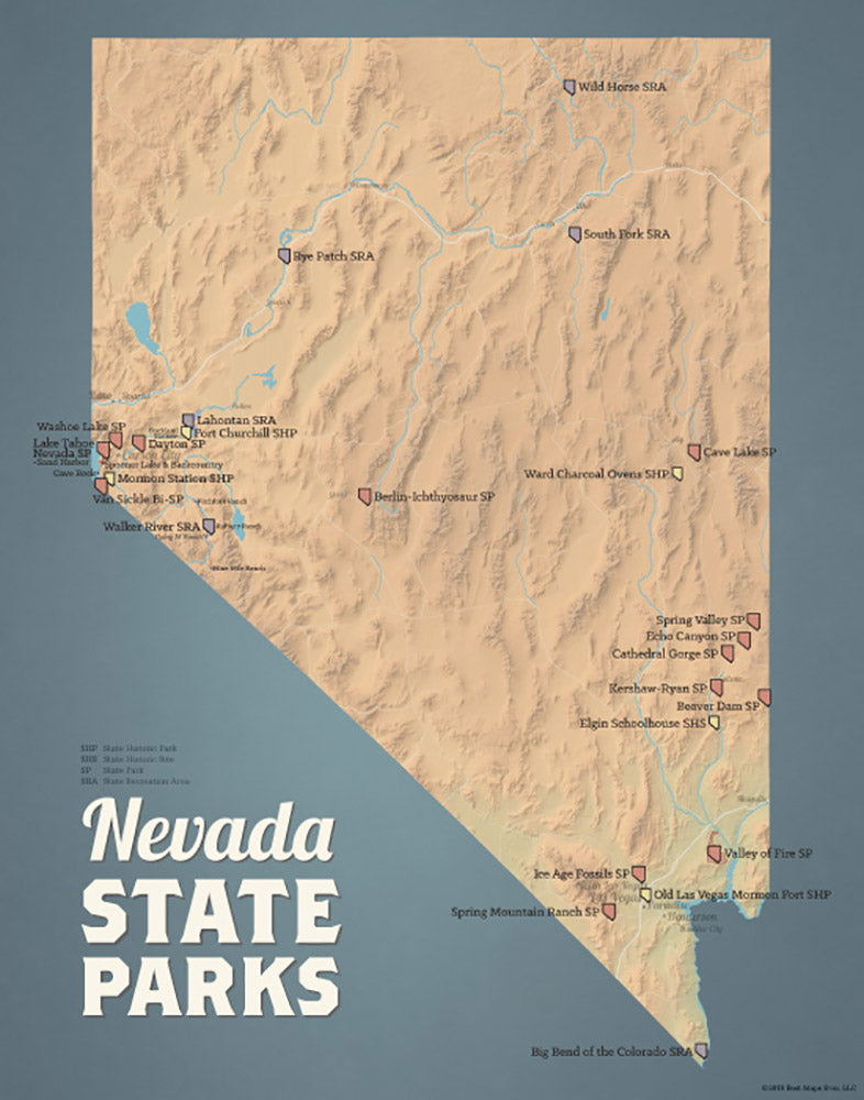 Nevada State Parks Map 11x14 Print - camel & slate blue