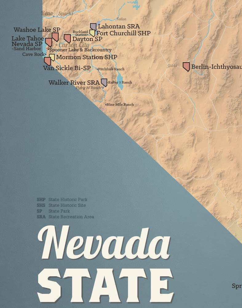 Nevada State Parks Map 11x14 Print - camel & slate blue