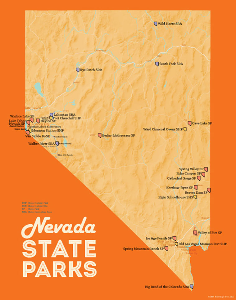 Nevada State Parks Map 11x14 Print - cream & orange
