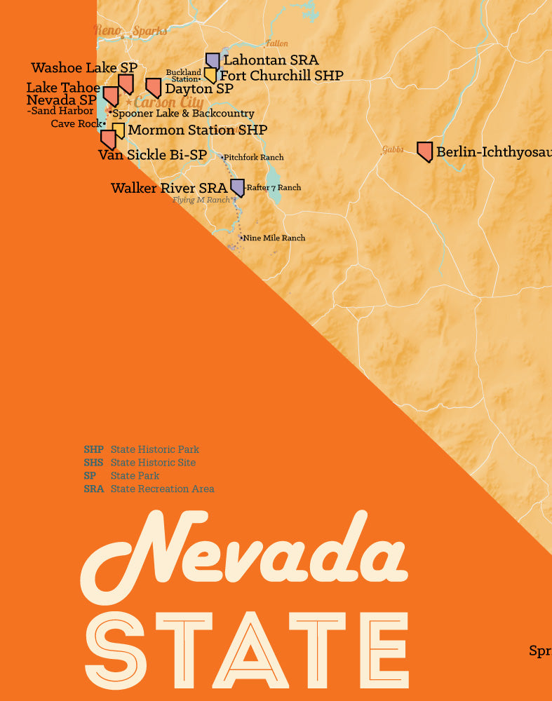 Nevada State Parks Map 11x14 Print - cream & orange