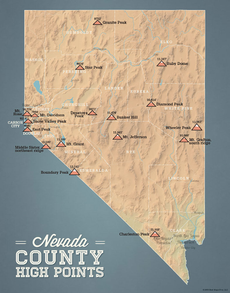 Nevada County High Points map print - camel & slate blue