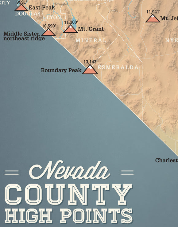 Nevada County High Points map print - camel & slate blue