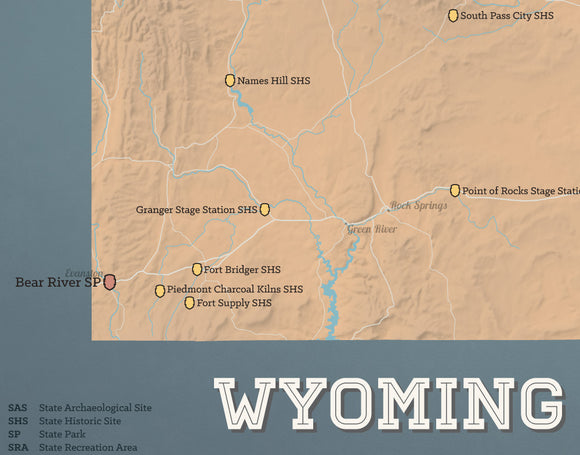 Wyoming State Parks map print - camel & slate blue