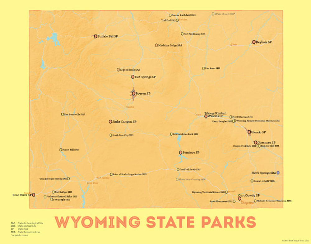 Wyoming State Parks map print - orange & yellow