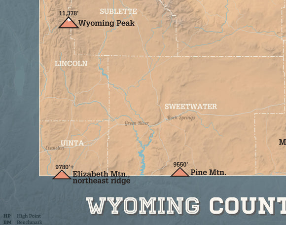 Wyoming County High Points Highpoints map print - camel & slate blue