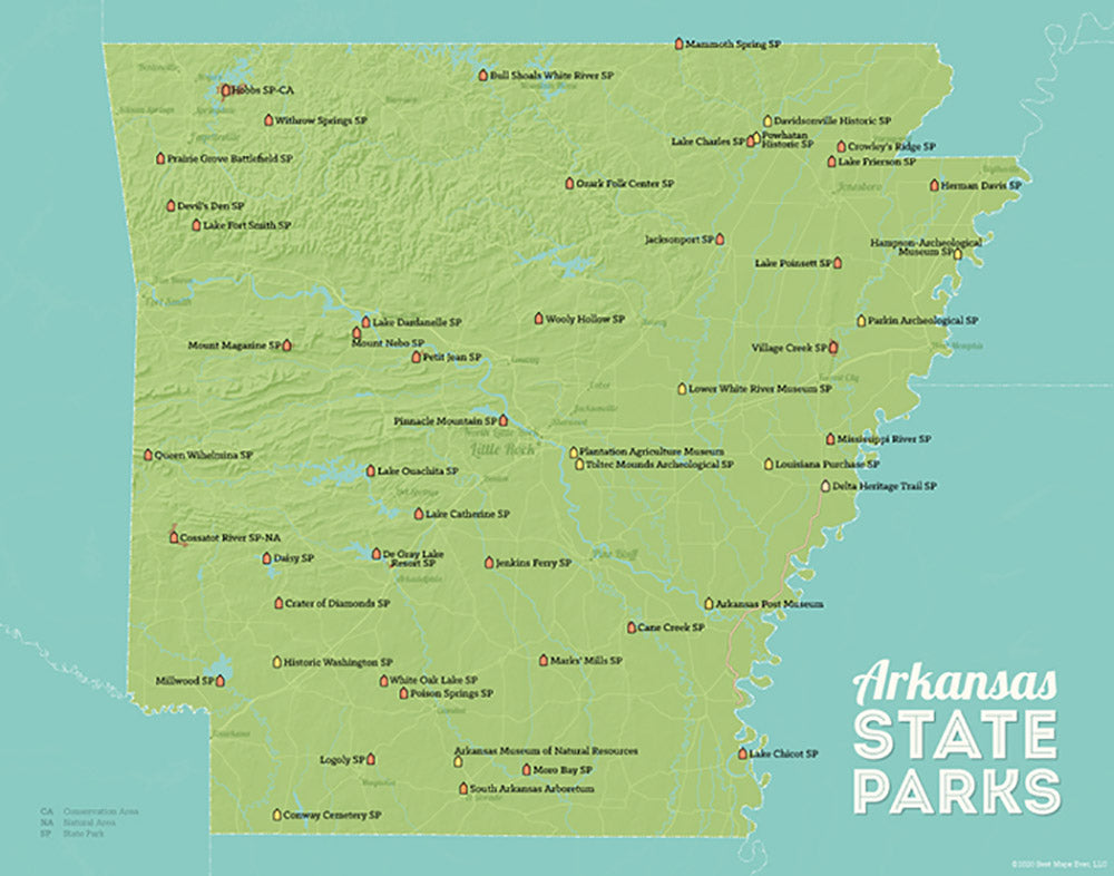 Arkansas State Parks Map Print - green & aqua