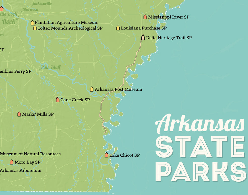 Arkansas State Parks Map Print - green & aqua