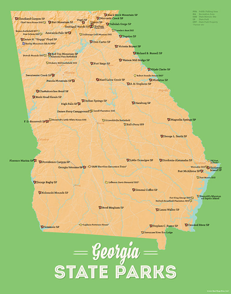 Georgia State Parks Map Print - peach & green