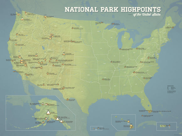 US National Park Highpoints Map 18x24 Poster