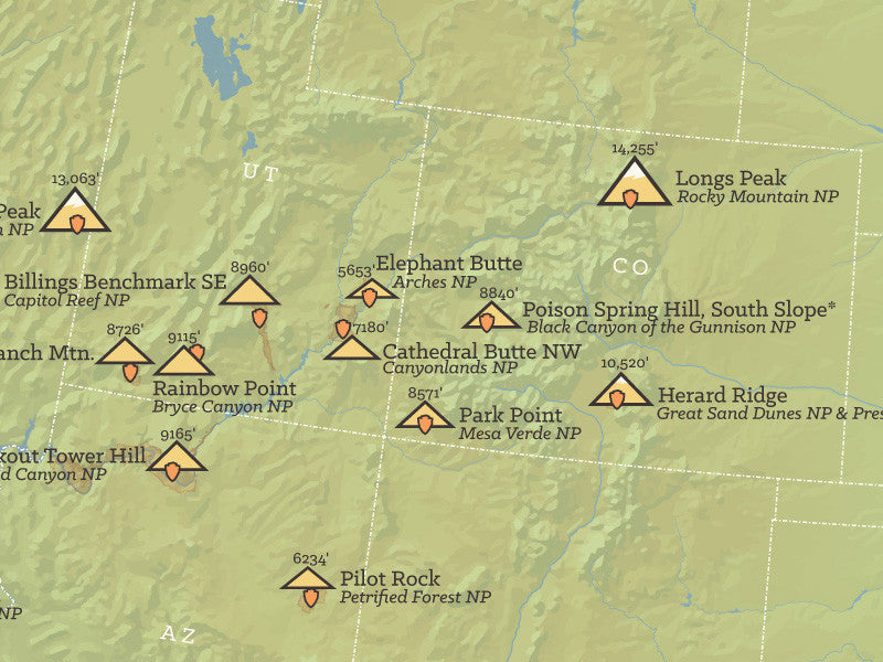 USA National Park High Points Map Poster - natural earth