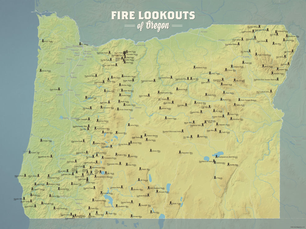 Oregon Fire Towers Lookouts map poster - natural earth