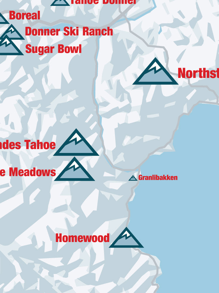 Lake Tahoe Ski Areas Map Poster - white & red