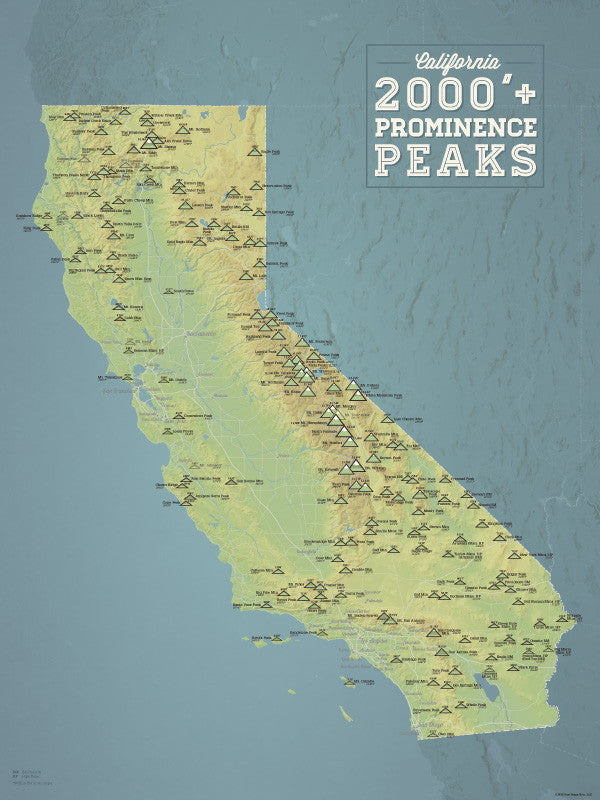 California 2000' Prominence Peaks Map 18x24 Poster