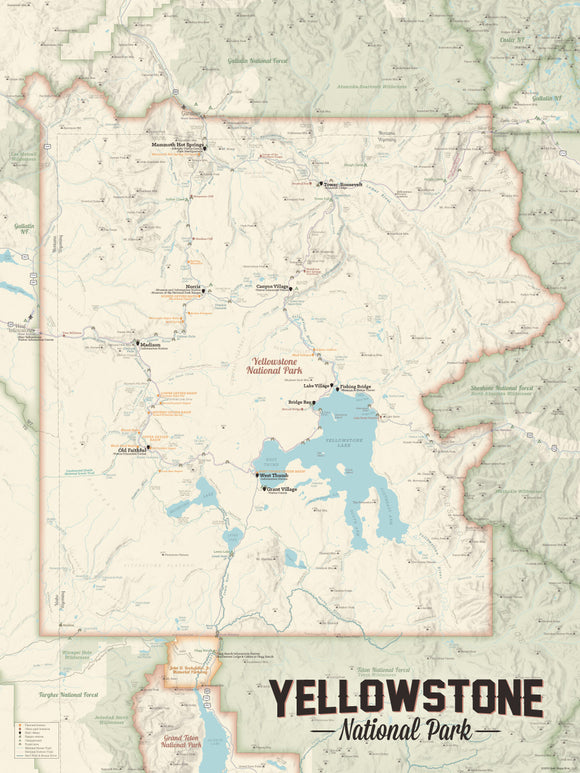 Yellowstone National Park Map 18x24 Poster